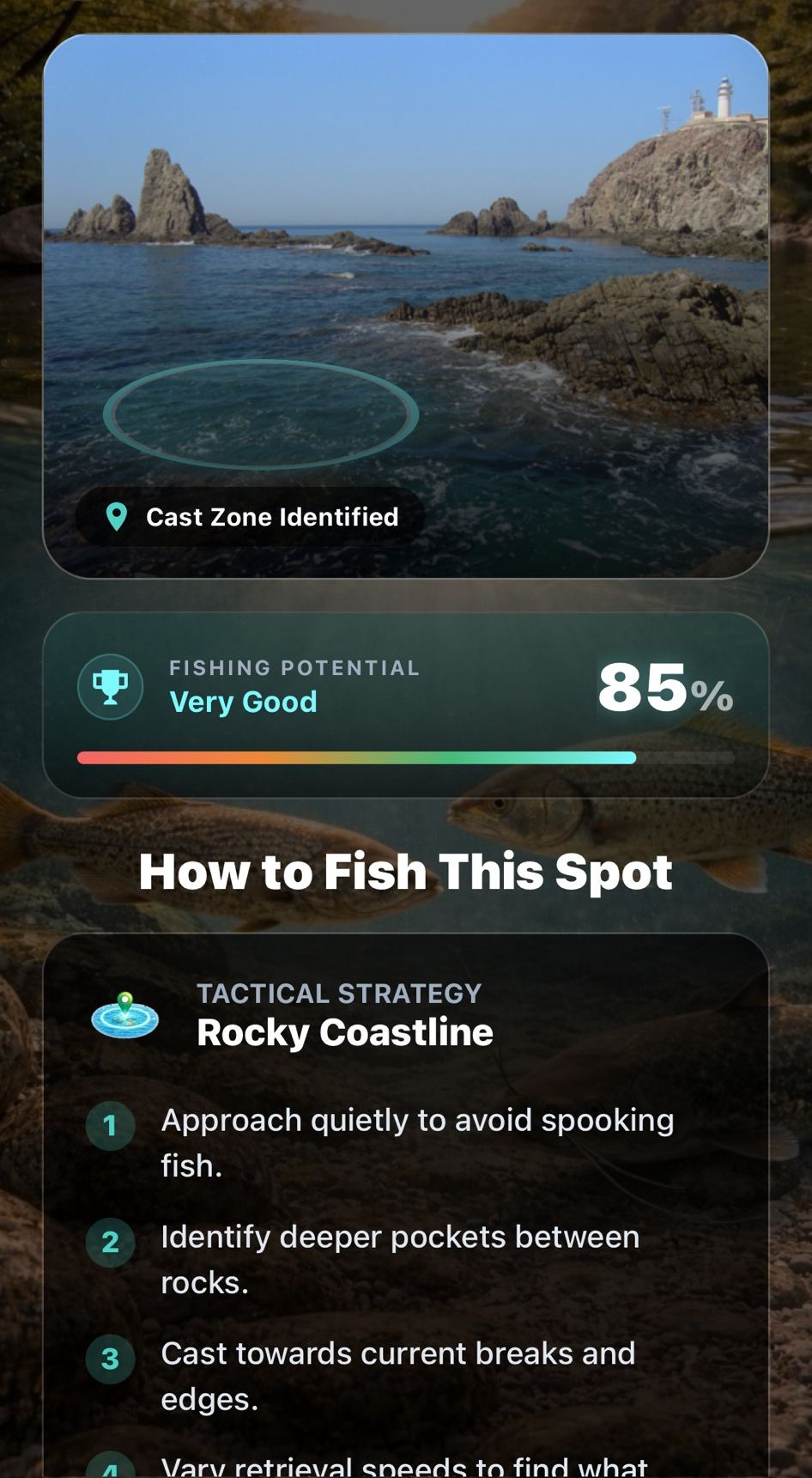 FishEye app showing cast zone identification on a rocky coastline with 85% fishing potential score