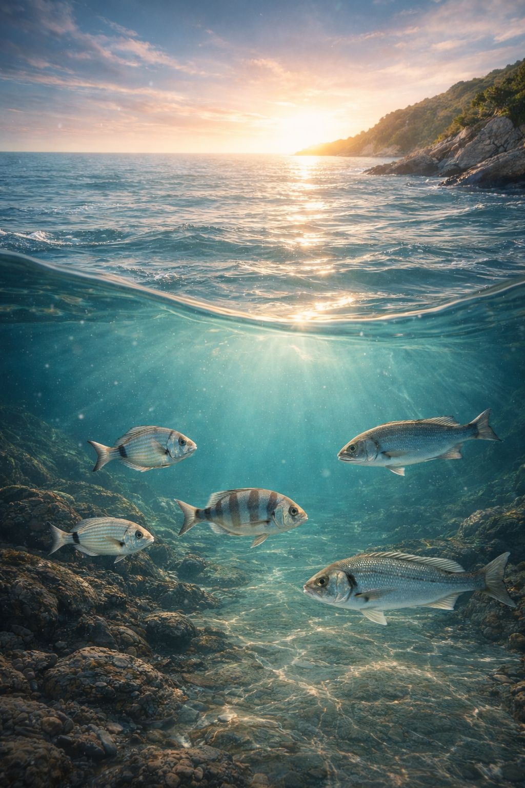Underwater view showing fish swimming near a rocky coastline at sunset